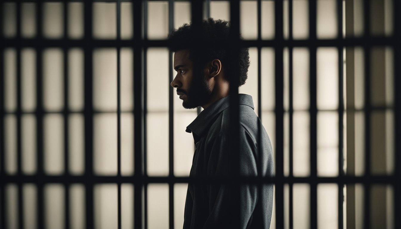 A person in a prison cell, looking distressed, while a shadow looms over them, representing the impact of mental illness on the fulfillment of a criminal sentence